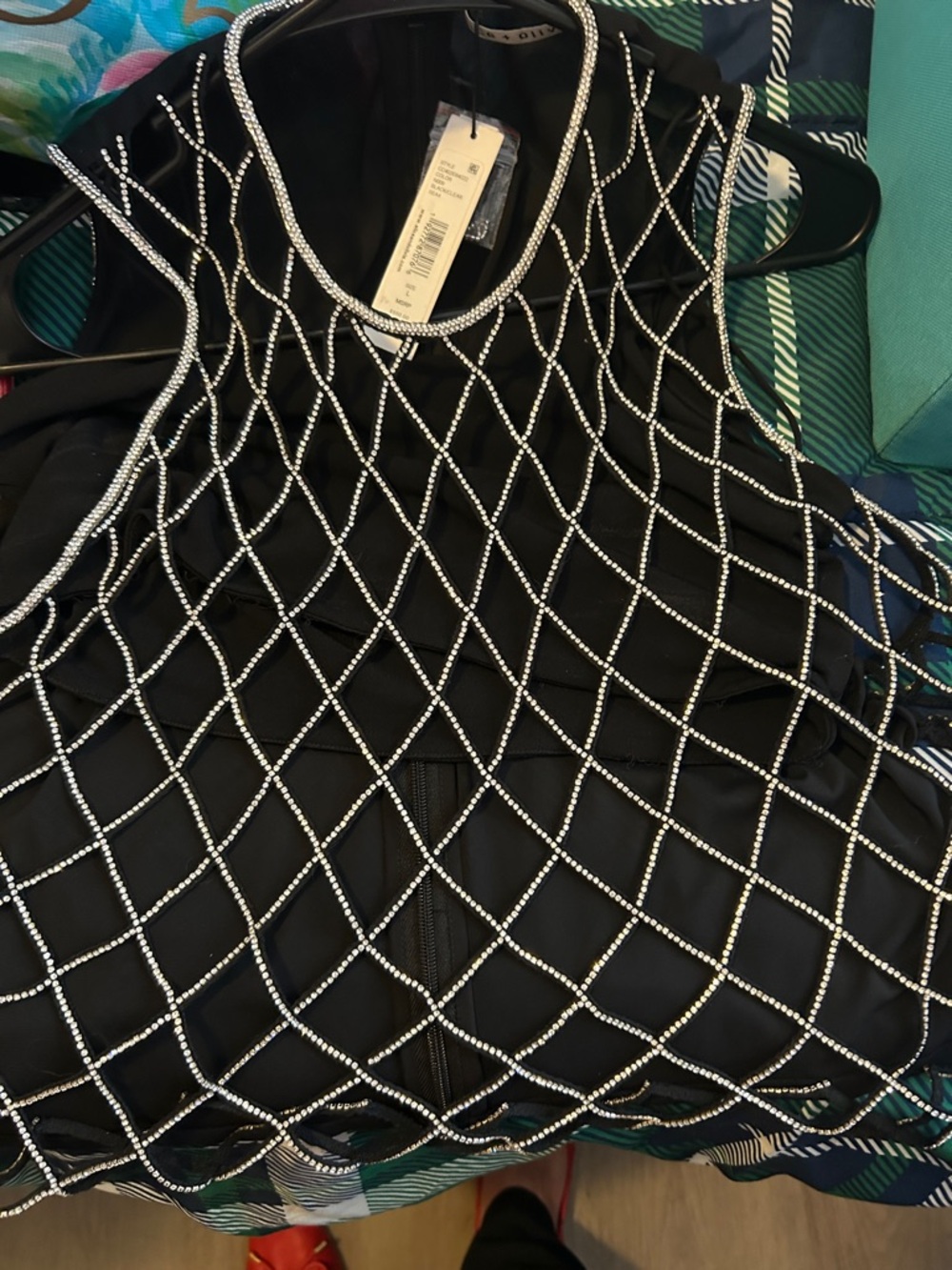 Alice + Olivia Black Sleeveless Top with Silver Beaded Net Overlay - Picture 9 of 11